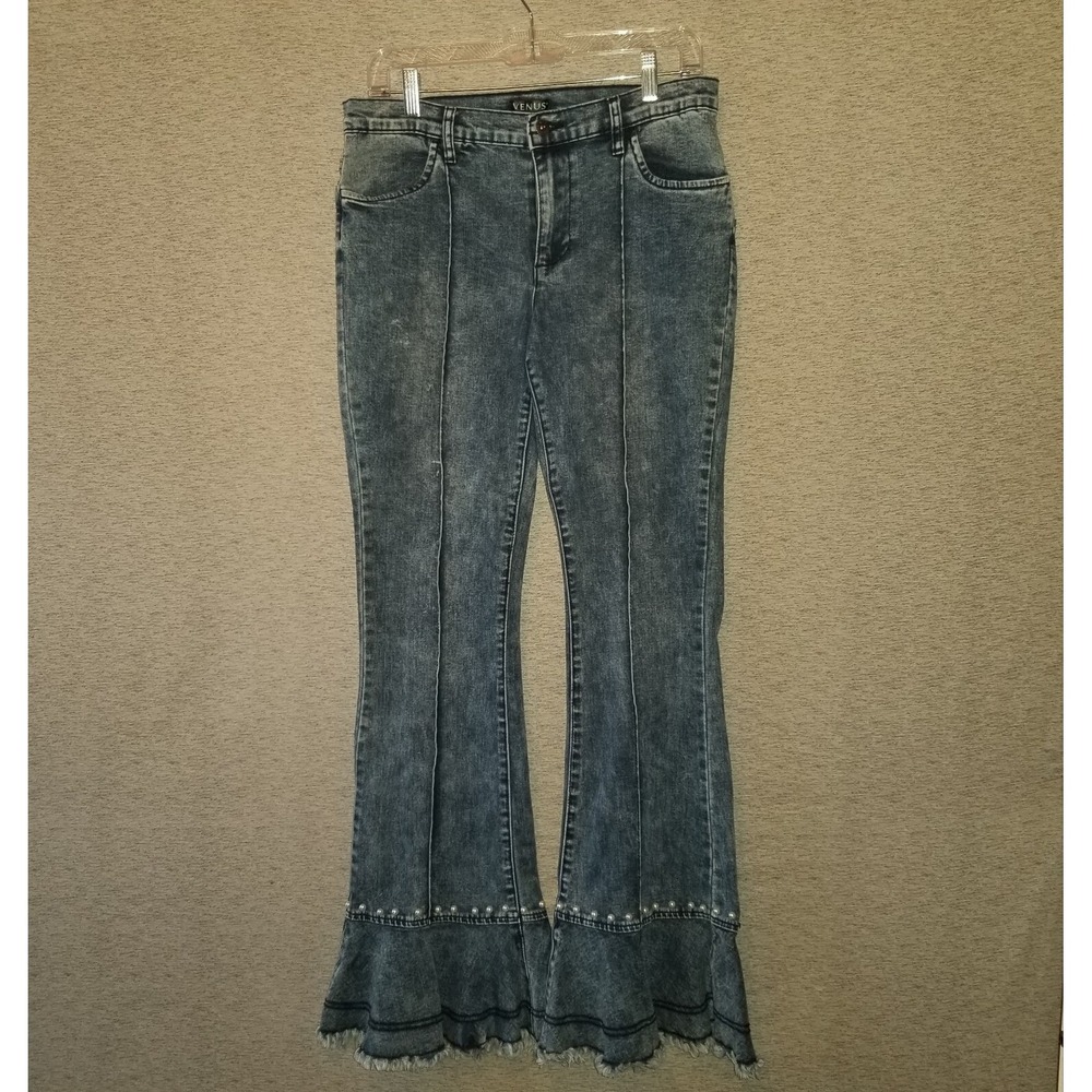 Venus Jeans Size 10 5-Pocket Stretch 32x41 Acid Wash Women's Flare‎ Pearl Hem